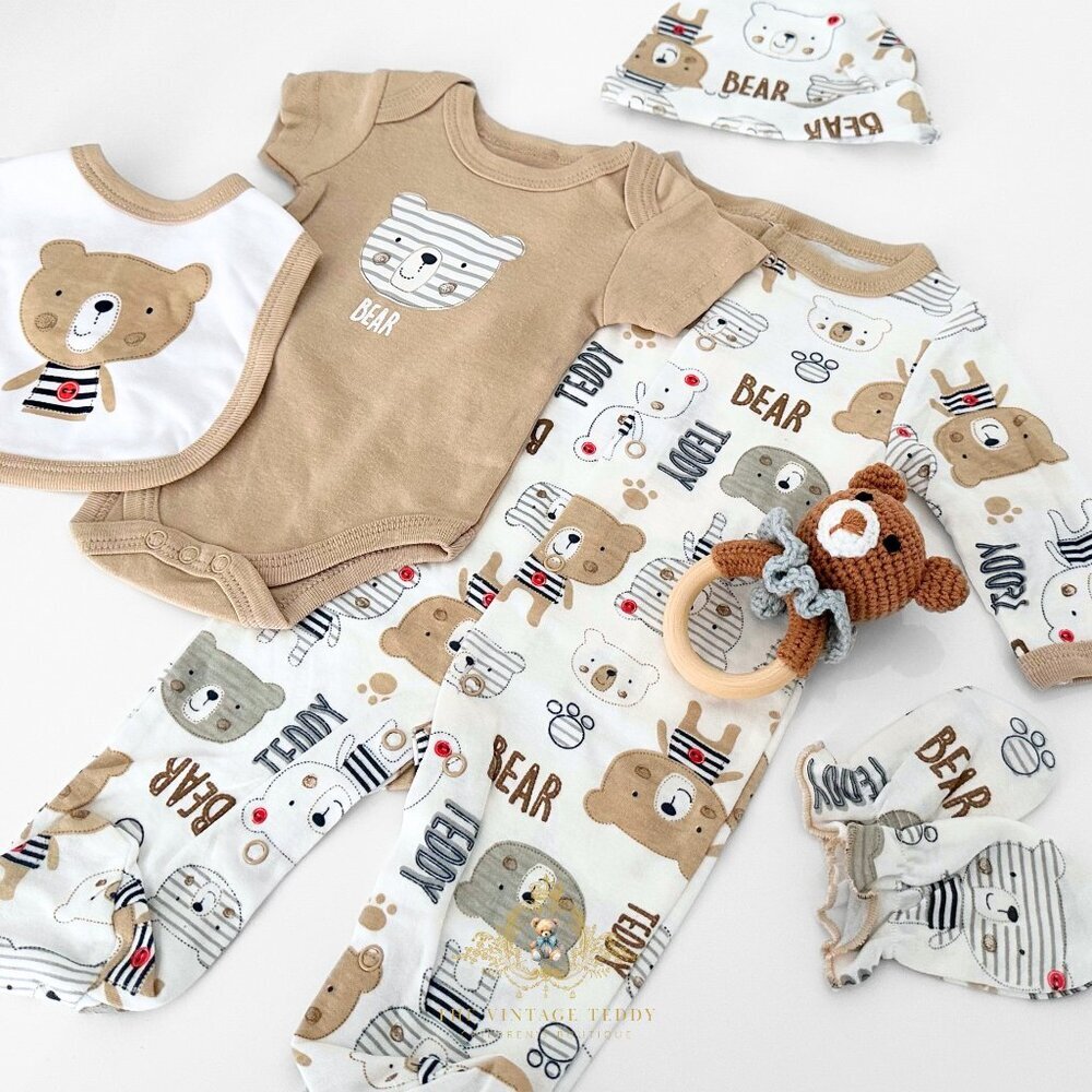 NWT Cute Baby 5 Piece Set Sleep N' Play Footie Onesie Bib & Hat Teddy Bear 3-6M - Picture 2 of 2